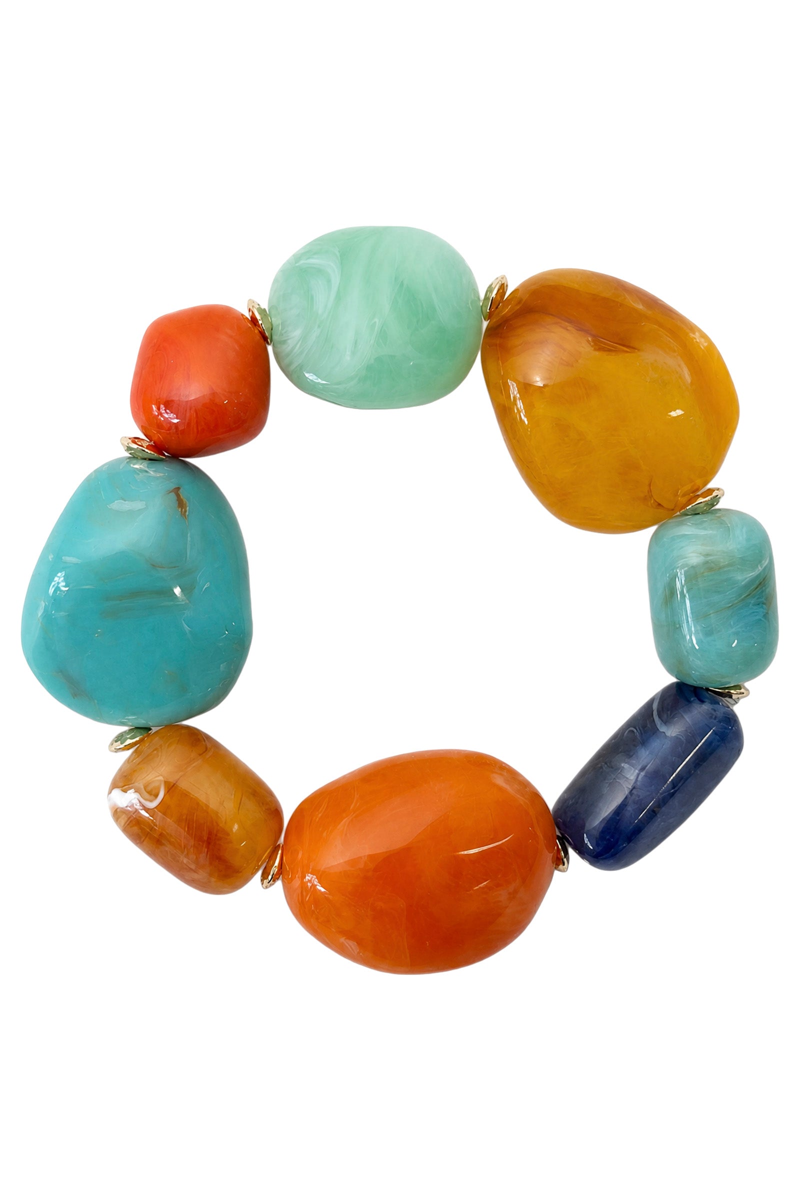 Palmera Sunset stretch bracelet: large marble-look beads in orange, amber, turquoise, mint and navy with gold-tone spacers