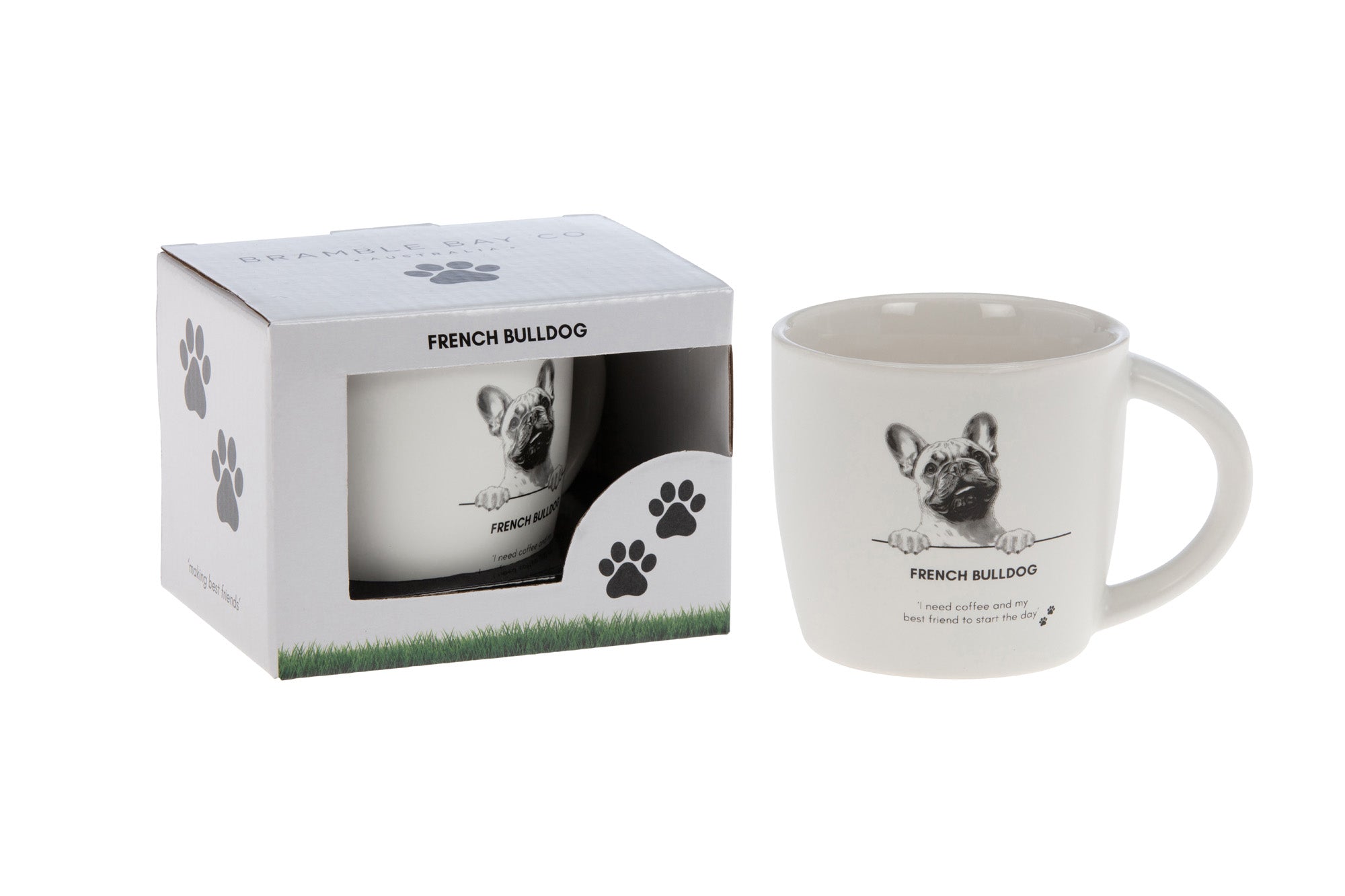 White mug with a sketched French bulldog portrait, the words French Bulldog and the line "I need coffee and my best friend to start the day", beside its paw-print gift box