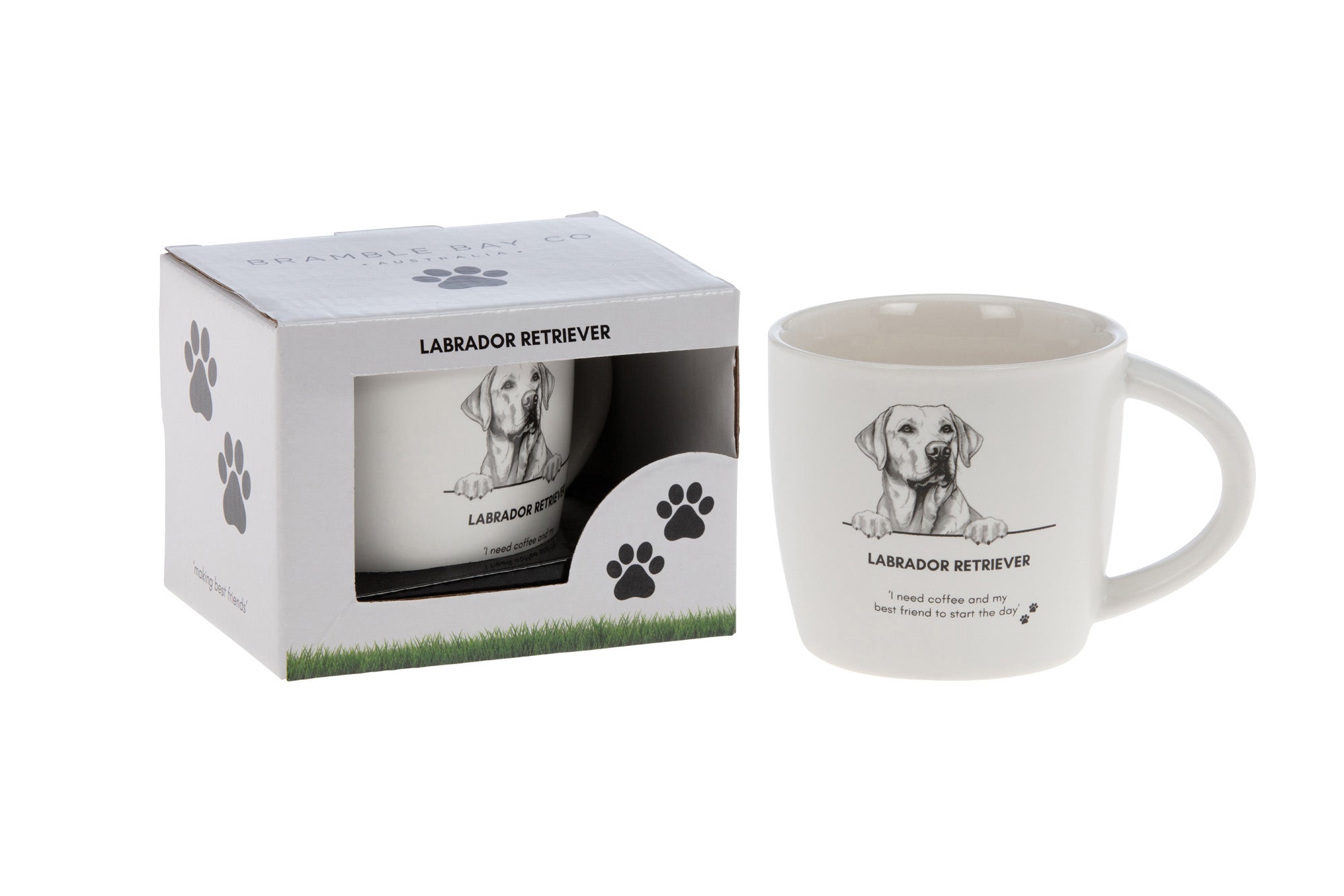 White mug with a sketched Labrador retriever portrait and the words Labrador Retriever and I need coffee and my best friend to start the day, beside its paw-print gift box