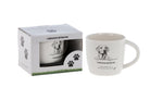 White mug with a sketched Labrador retriever portrait and the words Labrador Retriever and I need coffee and my best friend to start the day, beside its paw-print gift box