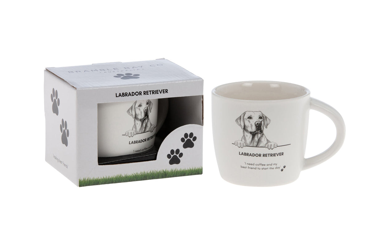 White mug with a sketched Labrador retriever portrait and the words Labrador Retriever and I need coffee and my best friend to start the day, beside its paw-print gift box