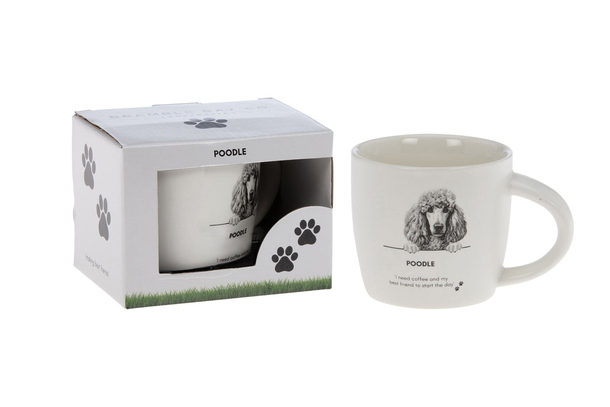 White mug with a sketched poodle portrait and the words Poodle and I need coffee and my best friend to start the day, beside its paw-print gift box