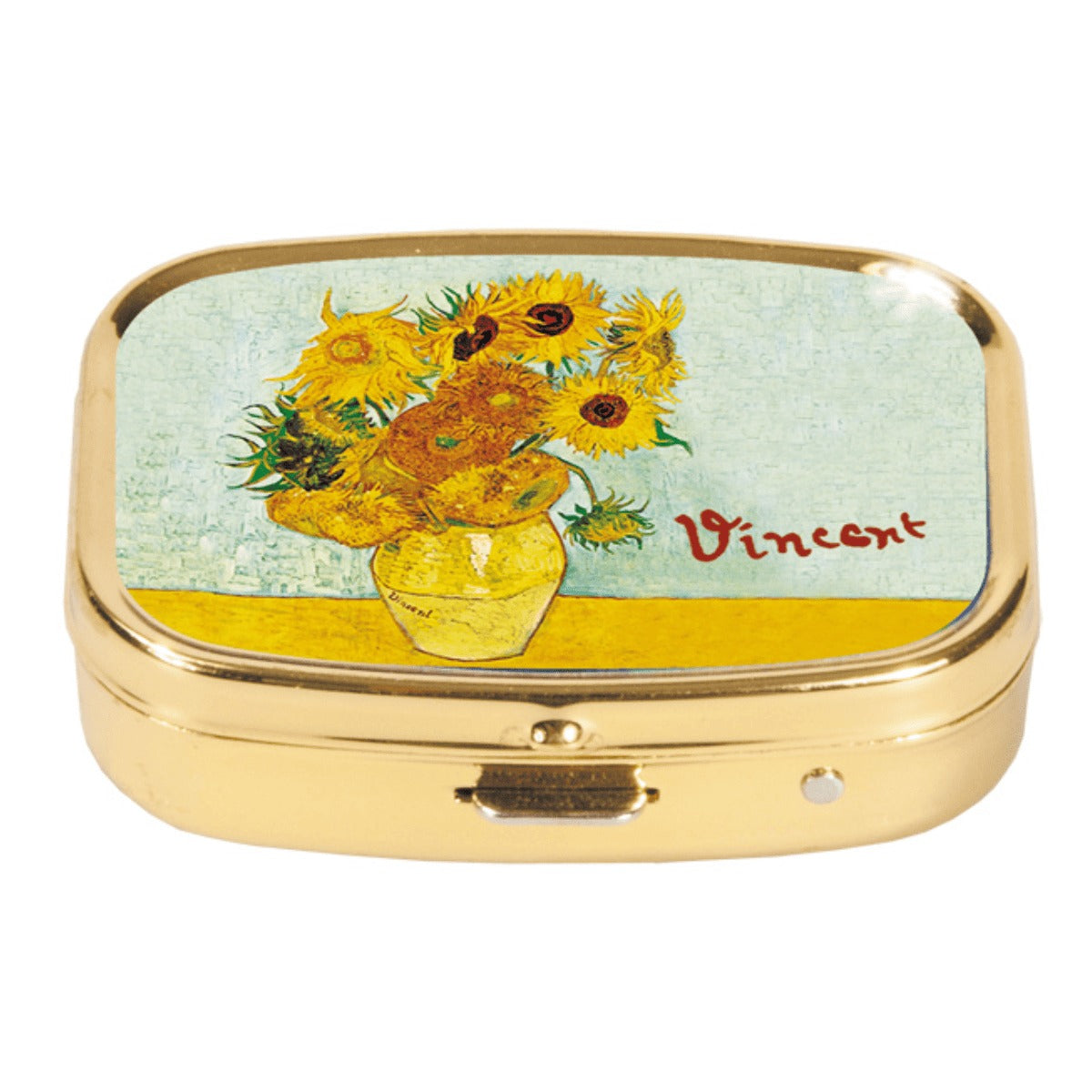 Gold-tone metal pill box with Van Gogh's Sunflowers in a yellow vase, signed Vincent, set in the lid.