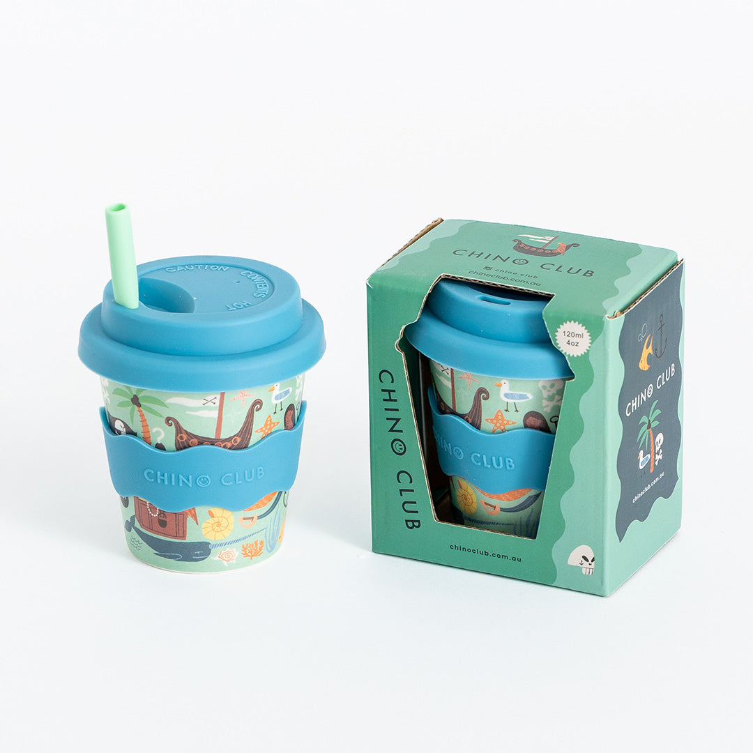 Pirate cup with the lid on beside its green Chino Club gift box