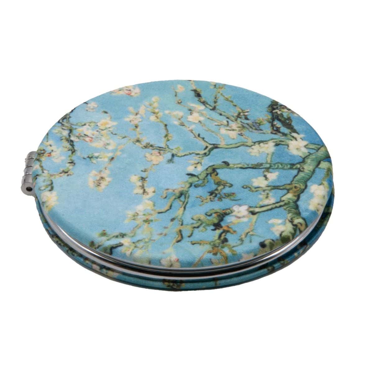 Folding pocket mirror covered in Van Gogh's Almond Blossom: white blossom on branches against pale blue.
