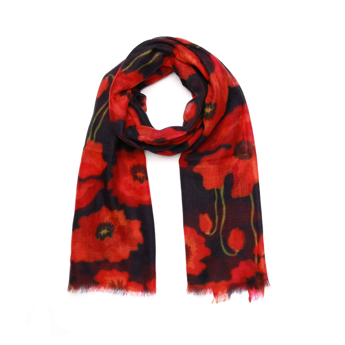 Poppy Bloom cotton modal scarf draped, red poppies on a navy-black ground