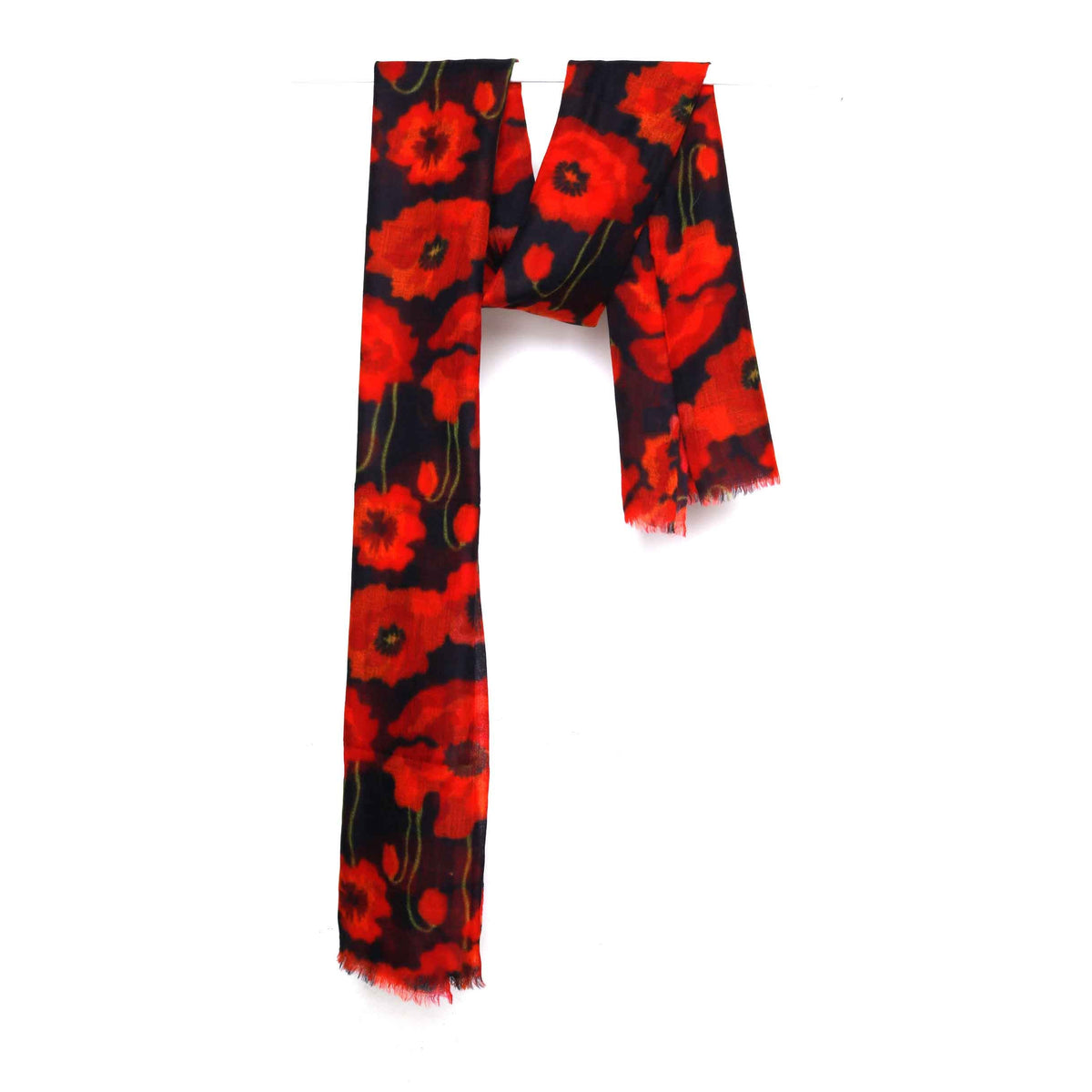 The Poppy Bloom scarf hanging, showing the poppies along its length