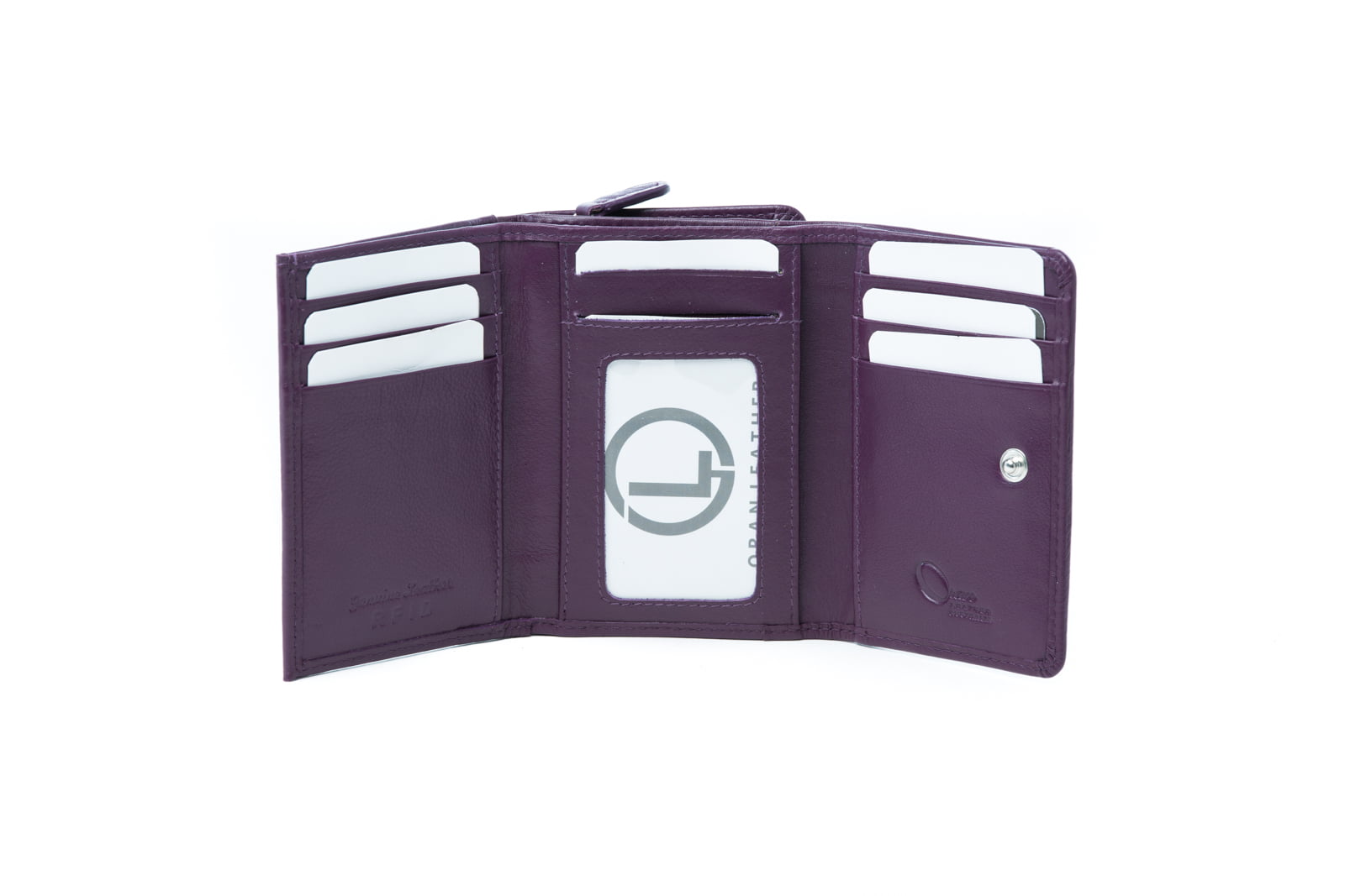 Purple wallet opened out flat, showing card slots on three panels and a clear ID window with a sample card