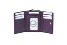 Purple wallet opened out flat, showing card slots on three panels and a clear ID window with a sample card