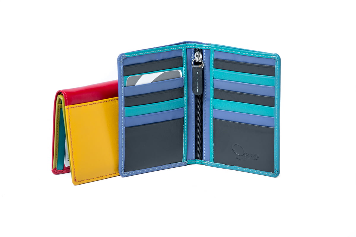 Teal multicolour card holder open beside yellow and red closed card holders