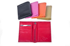 Closed card holders in black, pink, orange and cream, with an open red pair below