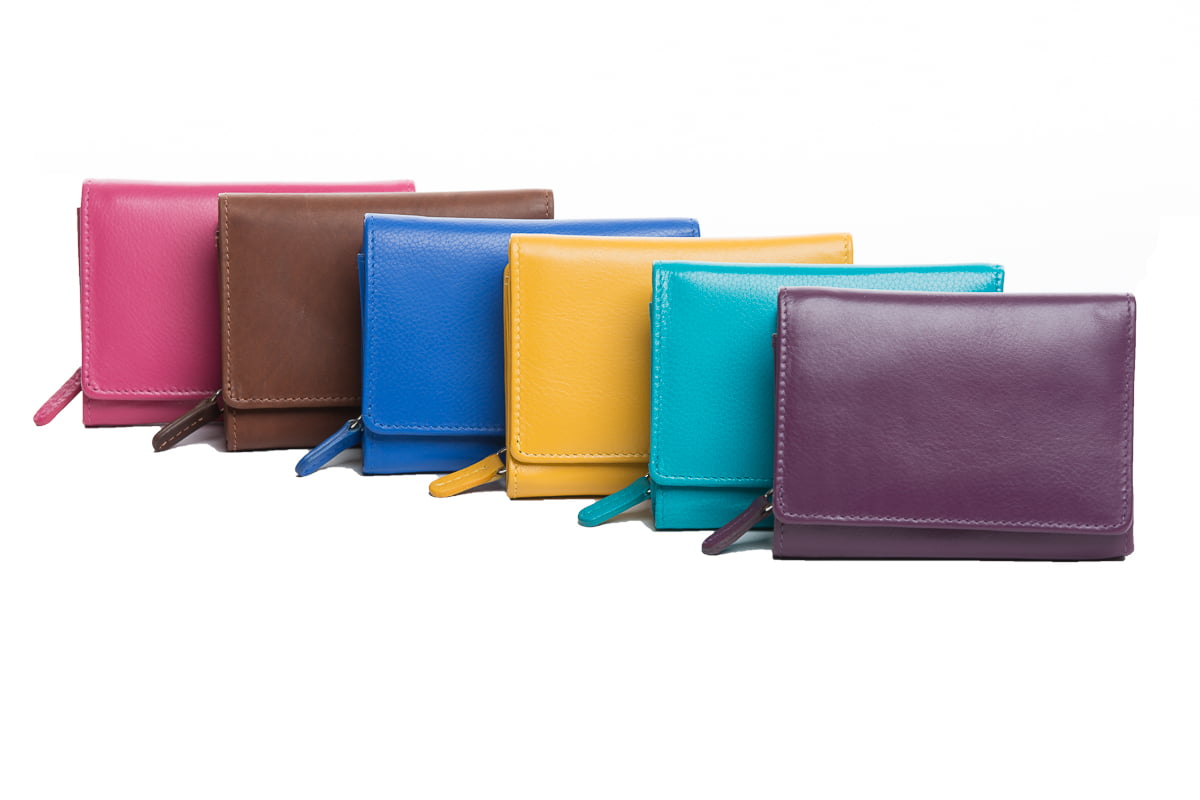 Small leather wallets in a row in pink, brown, cobalt, yellow, aqua and purple