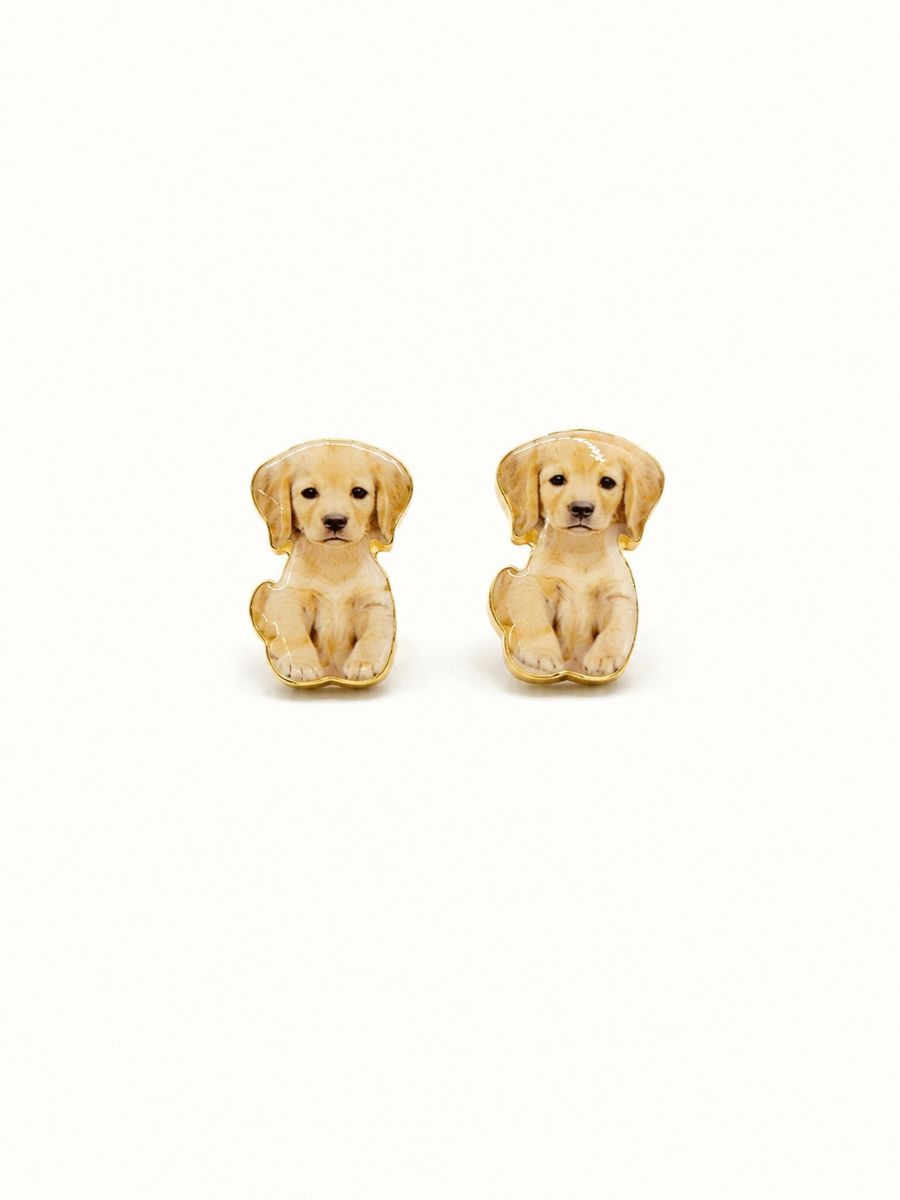 Pair of golden puppy stud earrings, each puppy sitting with floppy ears and paws together