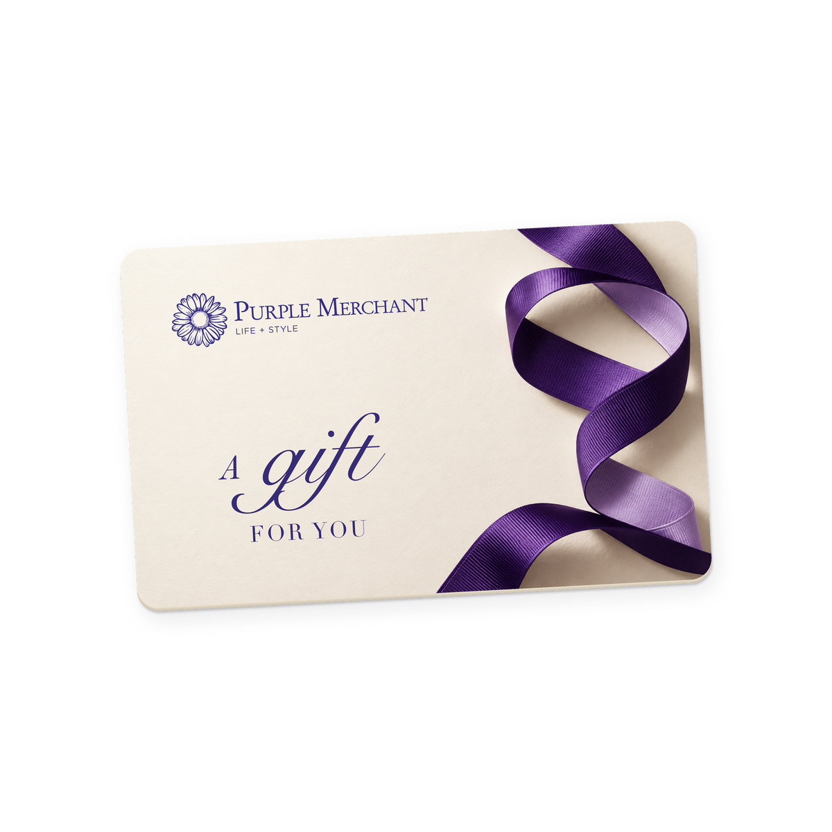 Purple Merchant eGift Card: a cream card printed with the daisy logo and "A gift for you", a purple ribbon curling down its right side.
