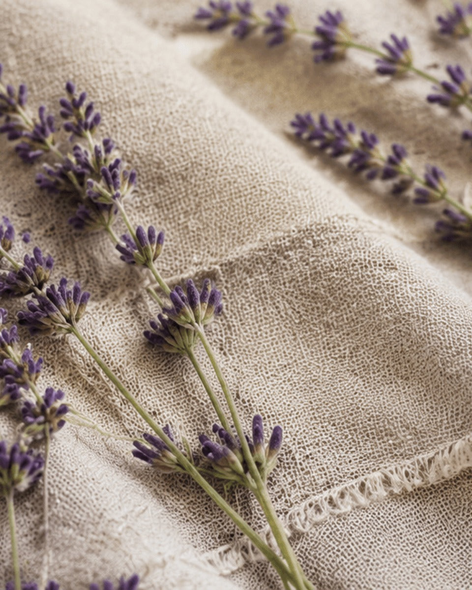 Lavender stems on textured linen