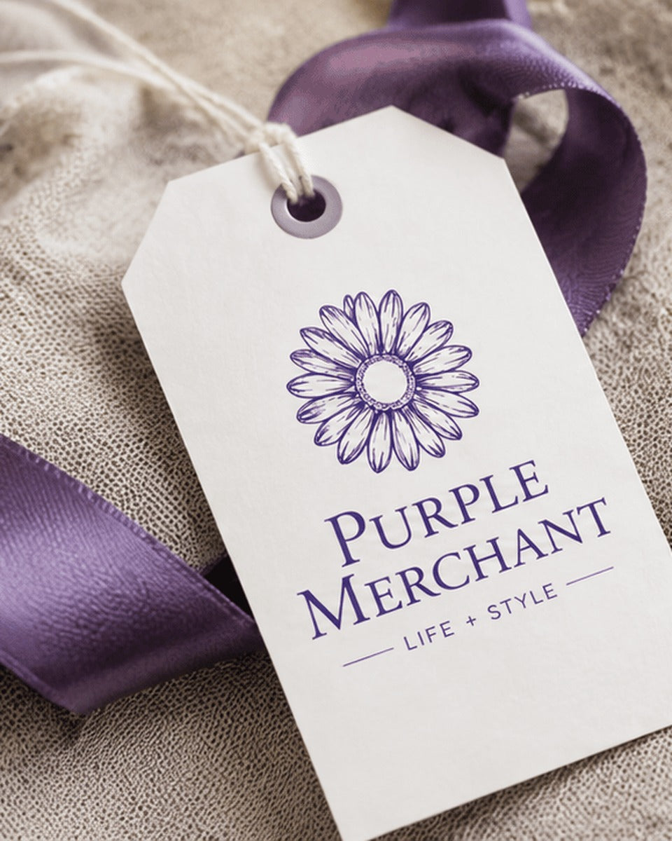 Purple Merchant gift tag with purple ribbon on linen