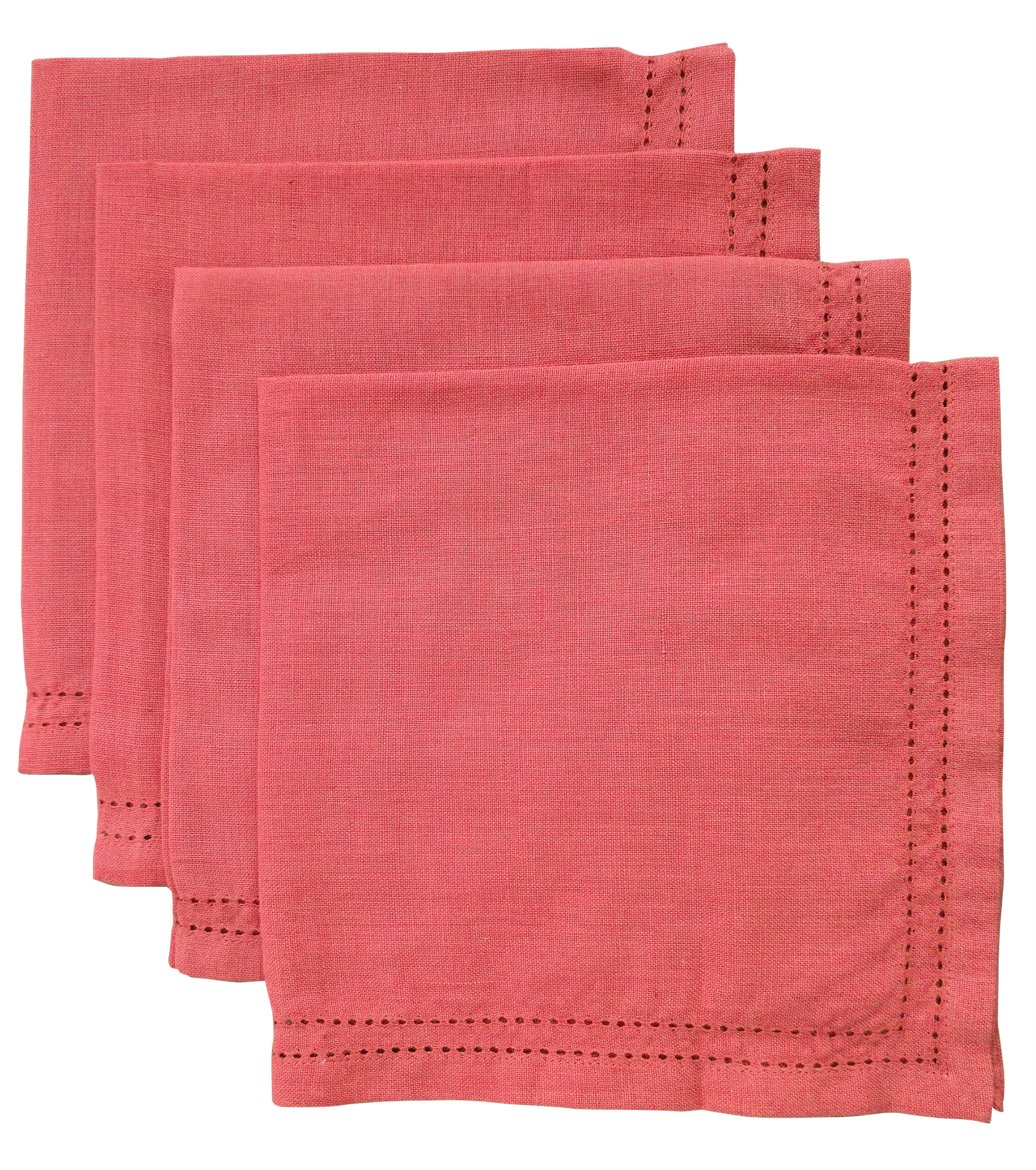 Four Ralph coral red napkins with a hemstitched border, fanned in a stack