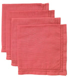 Four Ralph coral red napkins with a hemstitched border, fanned in a stack