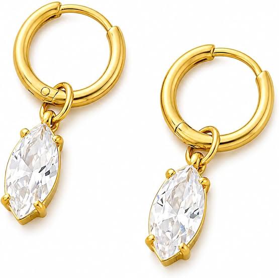 Pair of gold huggie hoop earrings, each with a pale marquise-cut stone hanging in a four-claw setting, on white