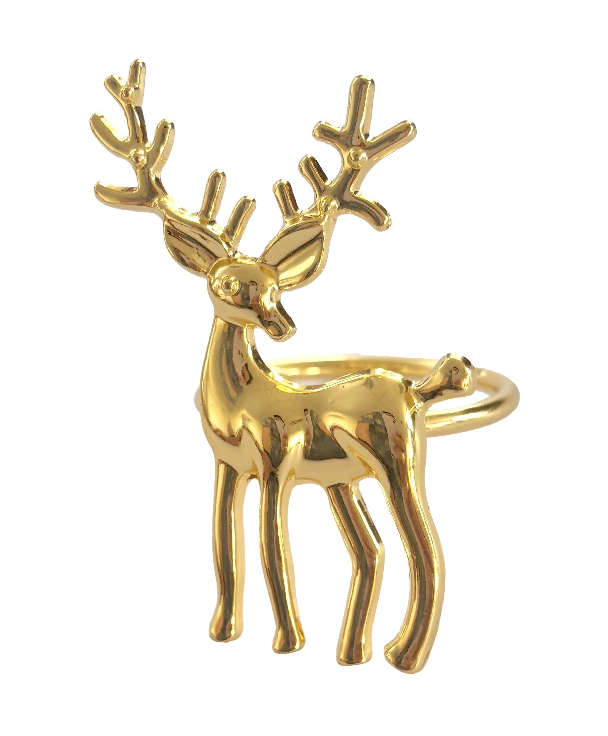 Gold-tone reindeer napkin ring, a standing reindeer with antlers on a round ring