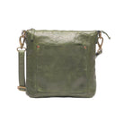 Green leather cross body bag with a riveted front pocket and adjustable strap
