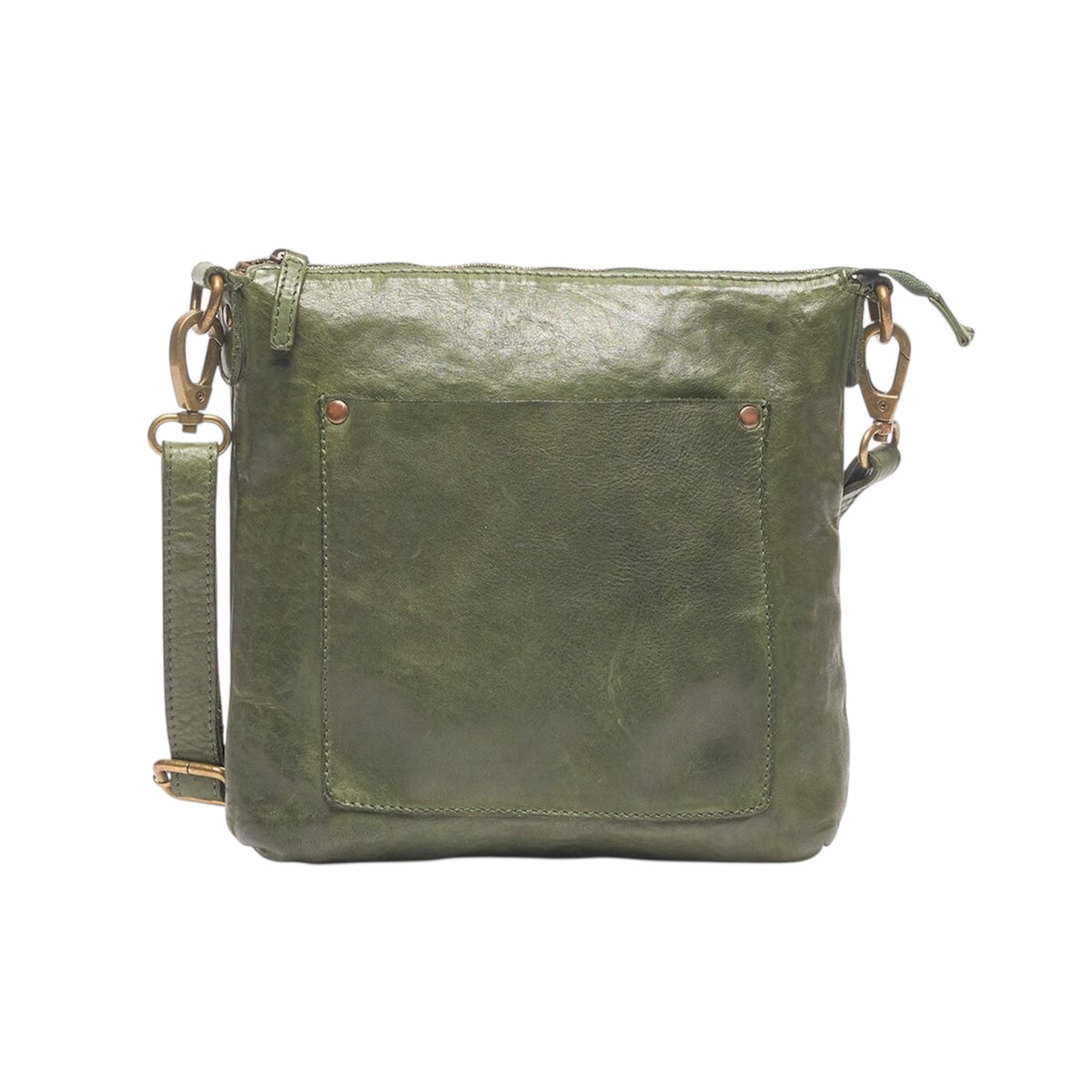 Green leather cross body bag with a riveted front pocket and adjustable strap