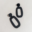 A pair of matte black acrylic dangle earrings on a white surface, each an open oval hung from a small rounded top.