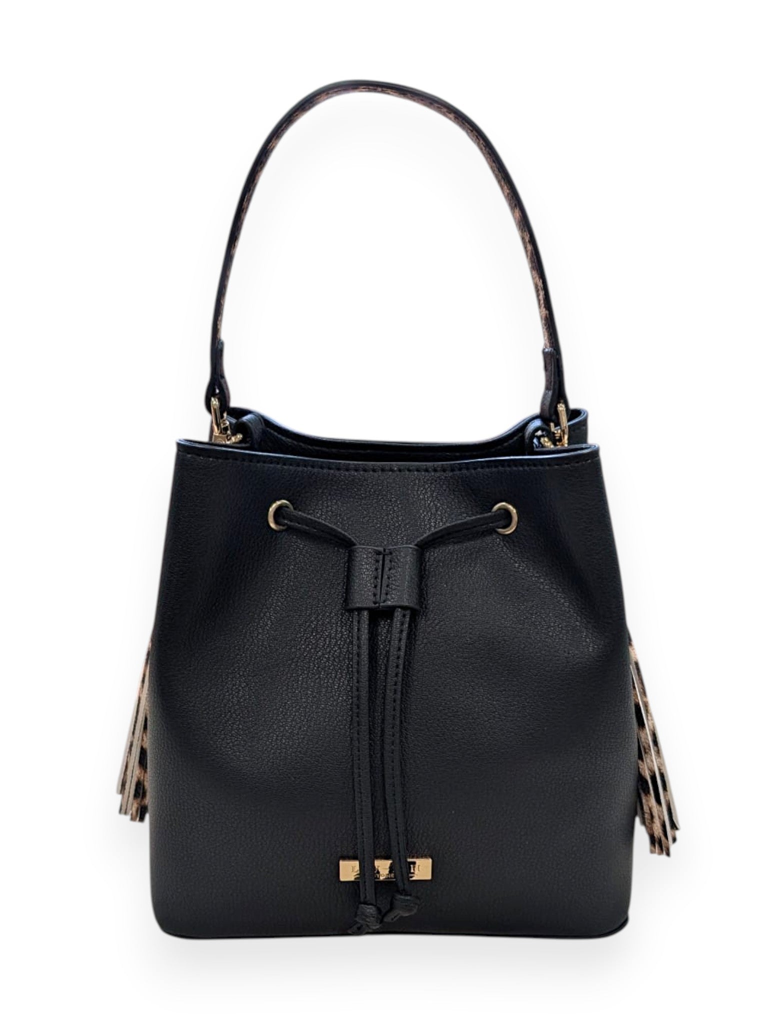 Front of the black Ruby bucket bag showing the drawstring tie, gold-tone logo plate and leopard-print side tassels