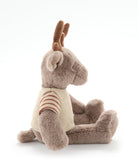 Taupe plush reindeer with soft brown antlers, wearing a plain cream jumper with rust-striped sleeves, seen side-on.