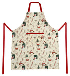 Santa's Workshop apron in the Santa and elves print on cream with red neck strap and ties