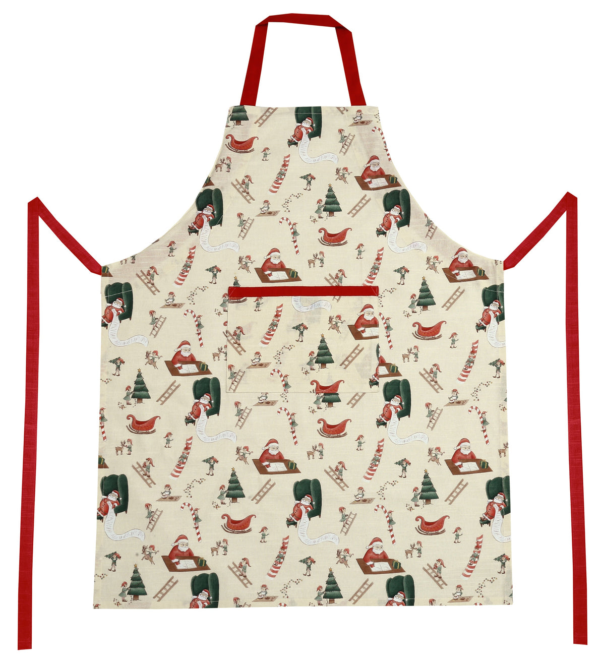 Santa's Workshop apron in the Santa and elves print on cream with red neck strap and ties