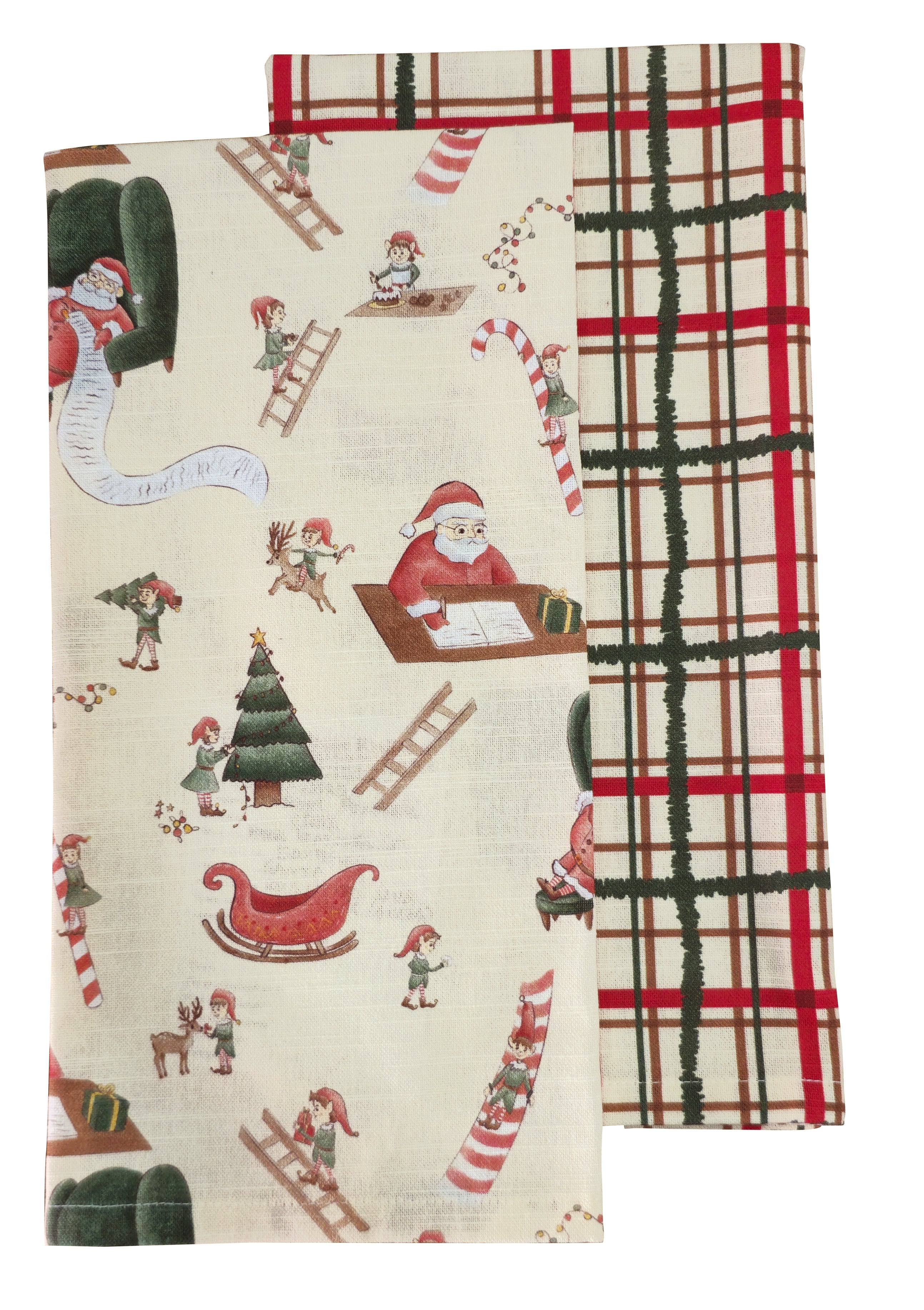 Santa's Workshop tea towel pair: a hand-illustrated Santa and elves print on cream and a red, green and tan plaid