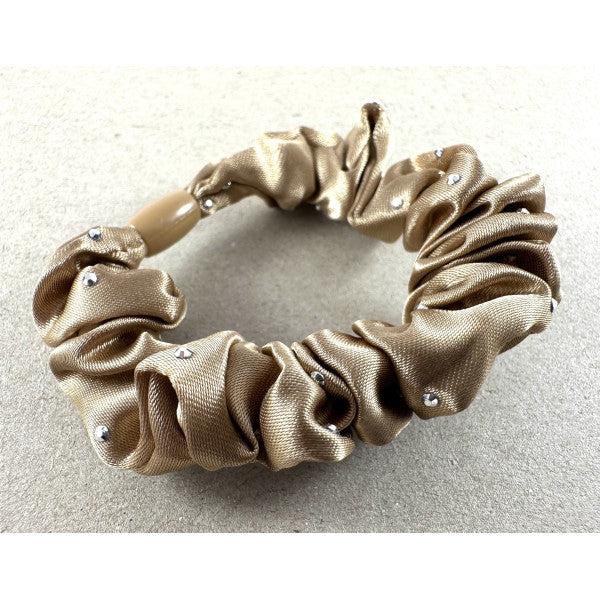 Champagne gold satin scrunchie scattered with small clear crystals