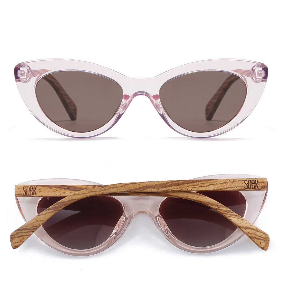 Savannah Blush Pink sunglasses front-on and folded from above, a clear pink cat-eye frame with striped walnut arms