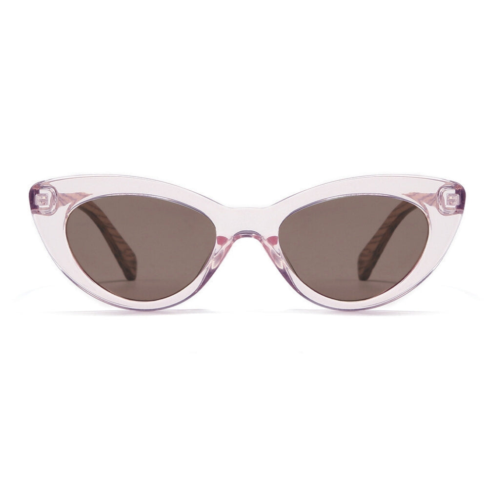 Front view of the Savannah Blush Pink sunglasses: a slim clear pink cat-eye frame with brown lenses