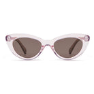 Front view of the Savannah Blush Pink sunglasses: a slim clear pink cat-eye frame with brown lenses