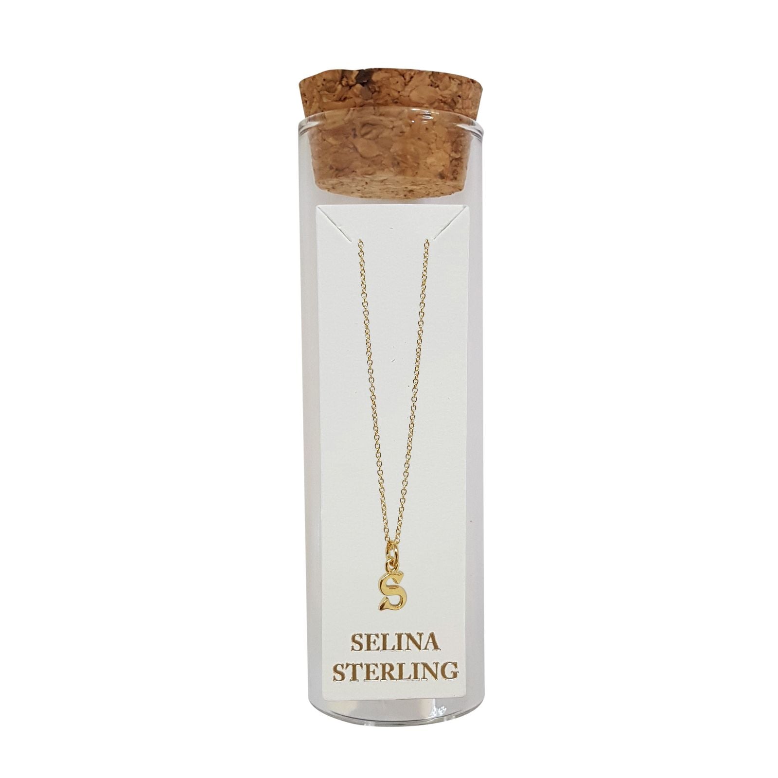 Selina gold-plated sterling silver letter S initial necklace in its cork-topped glass gift tube