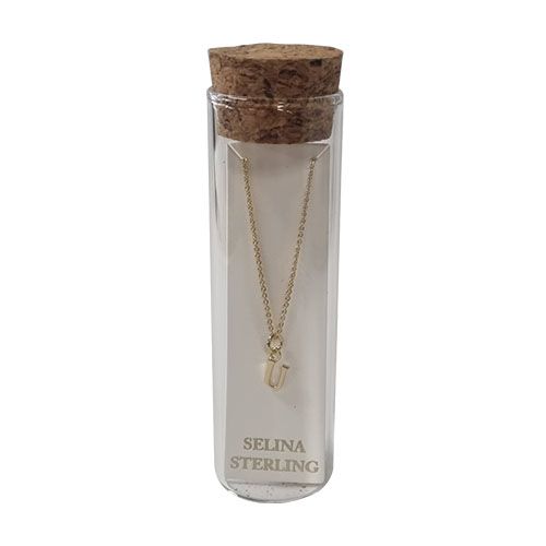 Selina gold-plated sterling silver letter U initial necklace in its cork-topped glass gift tube