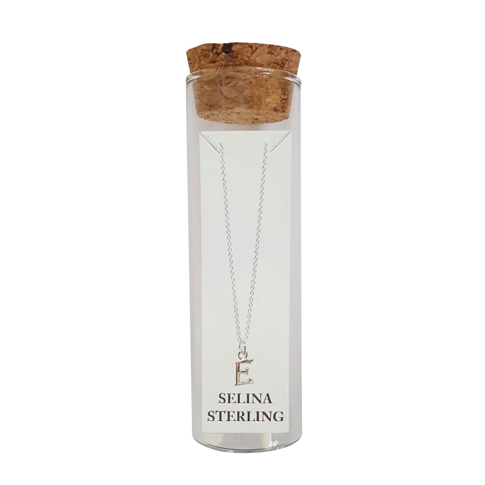 Selina sterling silver letter E initial necklace in its cork-topped glass gift tube