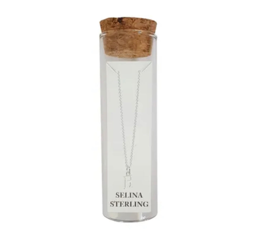 Selina sterling silver letter H initial necklace in its cork-topped glass gift tube