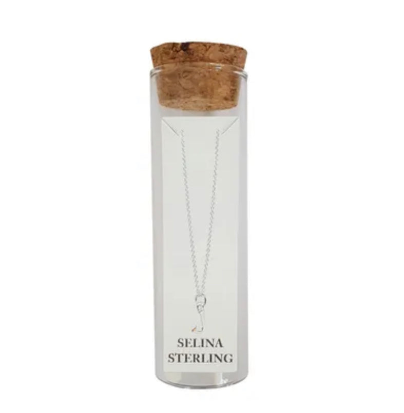 Selina sterling silver letter J initial necklace in its cork-topped glass gift tube