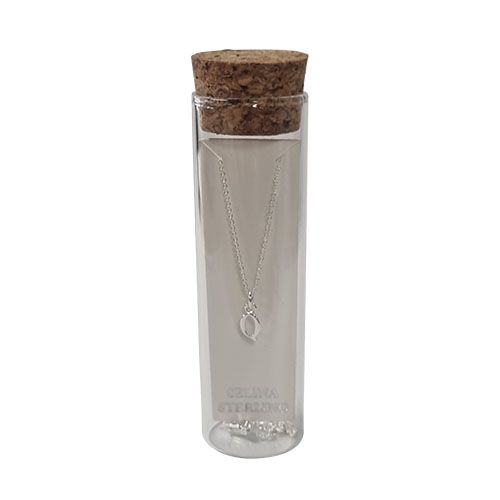 Selina sterling silver letter Q initial necklace in its cork-topped glass gift tube