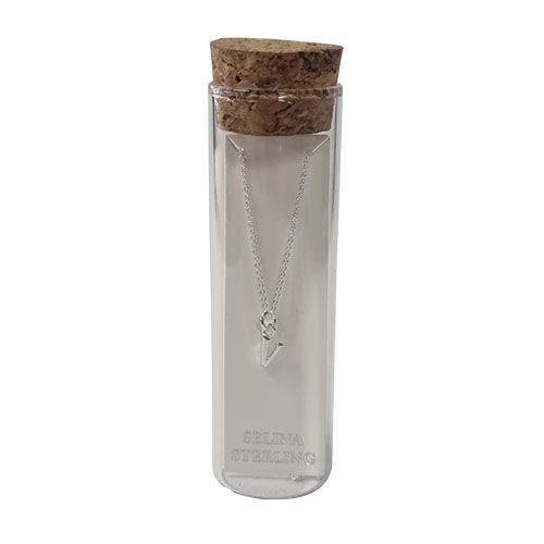 Selina sterling silver letter V initial necklace in its cork-topped glass gift tube