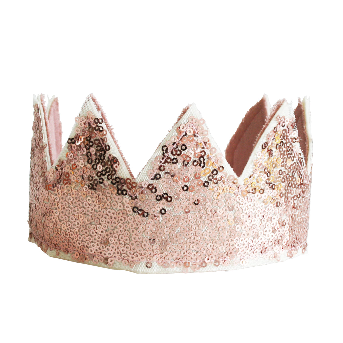 Pointed dress-up crown covered in rose gold sequins on cream felt, with a dusty pink lining inside