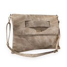 Latte ShineEdge carrier in washed taupe with a sparkly studded strip across the flap, a gold-tone logo plate and a long matching strap