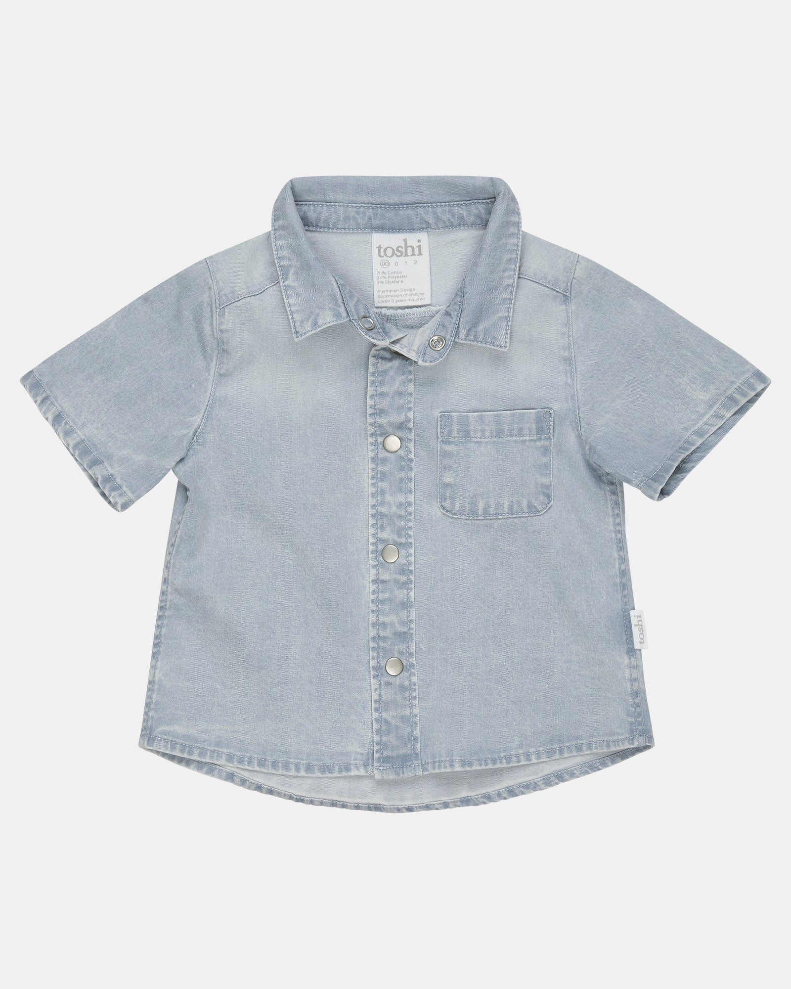 Toshi Indiana classic shirt in washed light blue denim with a collar, press-stud front and chest pocket