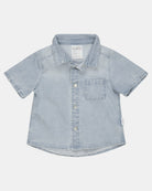 Toshi Indiana classic shirt in washed light blue denim with a collar, press-stud front and chest pocket