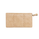 Sand-coloured slim zip wallet with whipstitched detail across the front.