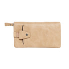 The back of the sand wallet: a phone pocket closed by a press-stud tab, with a ribbon pull.