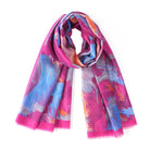 Scarf in a pink, blue and orange brushstroke print with a pink border
